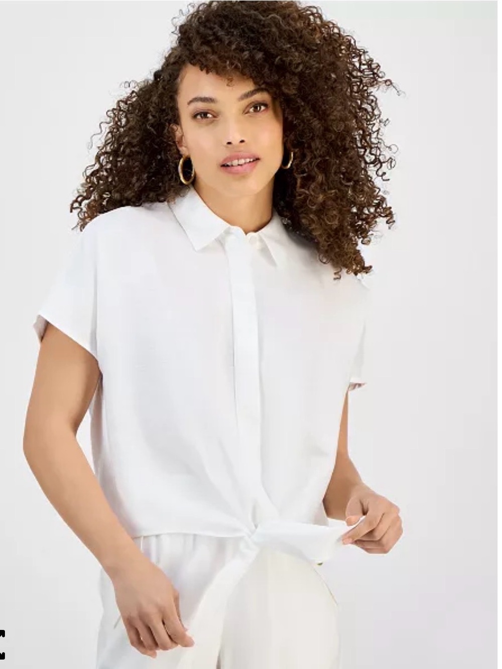 INC International Concepts White Short-Sleeve Button-Front Tie Blouse